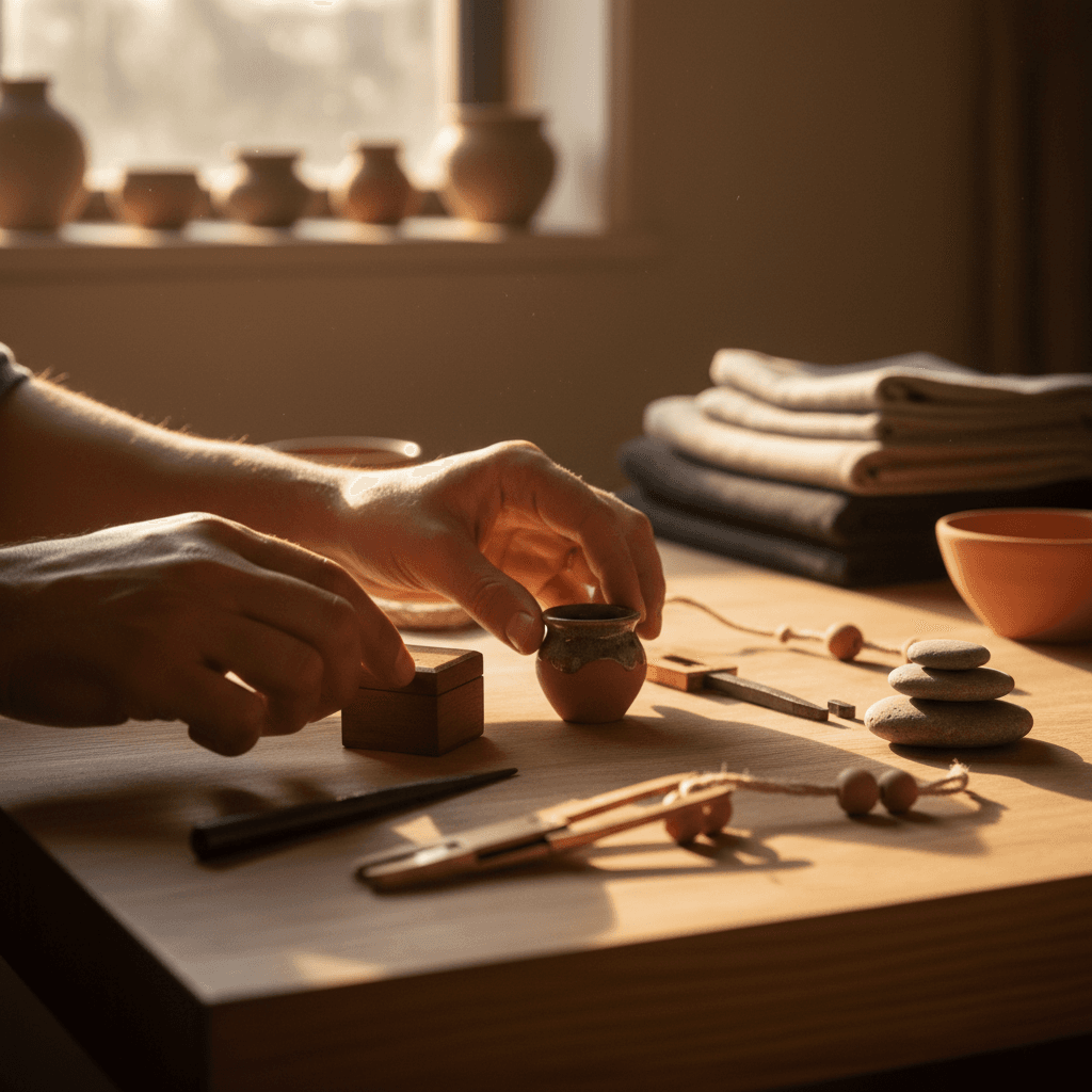 Hands arranging goods on wooden surface