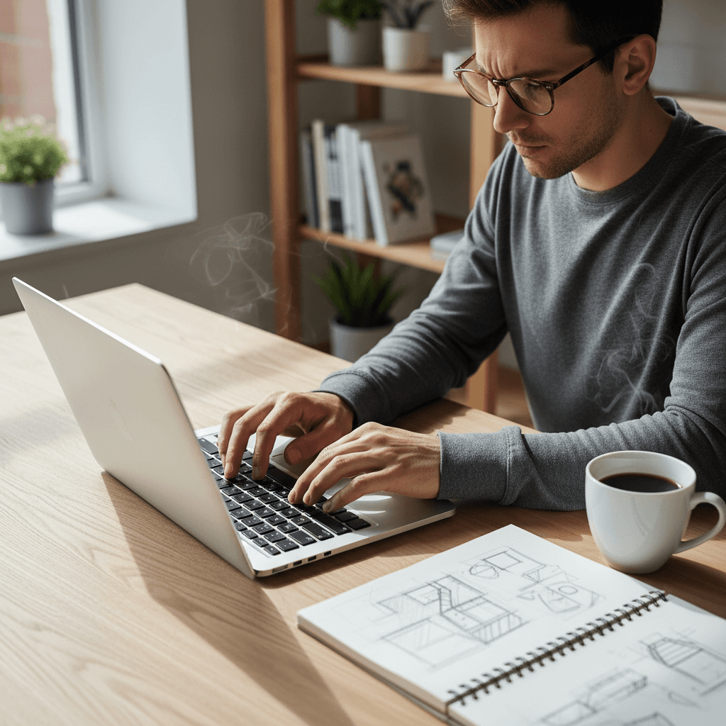 Person working at a desk with laptop and notebook