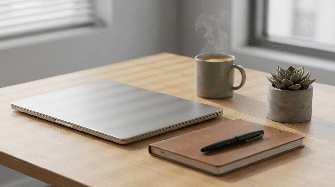 Laptop displaying online marketplace interface on a wooden desk